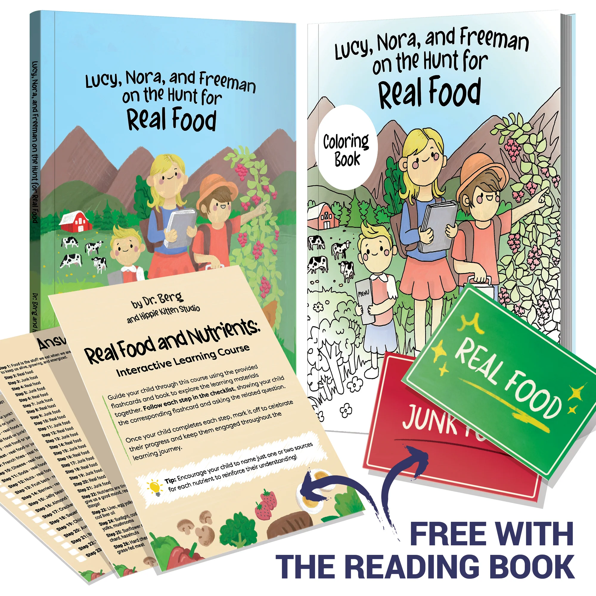 Lucy, Nora, and Freeman on the Hunt for Real Food – Story Book, Coloring Book, Flashcards