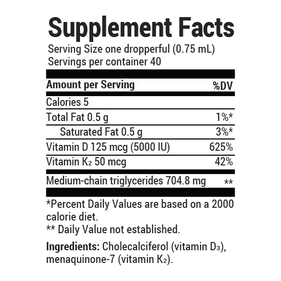 Vitamin D3 and K2 Liquid with MCT Oil – Unflavored – 1 fl oz - Image 2